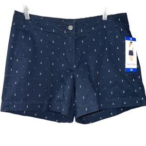 Nautica‎ Womens Size 10 Navy Blue Anchor Print Chino Mid Rise Shorts Cotton M